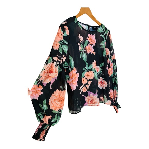 VICI Boutique Dark Floral Semi Sheer Poet Drop Sleeve Blouse Top Medium - Picture 6 of 10